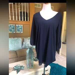 Lulus”Shifting Dears” Shift Navy Dress Sheer Split Sleeve 2-Layer Poly Sz Lg